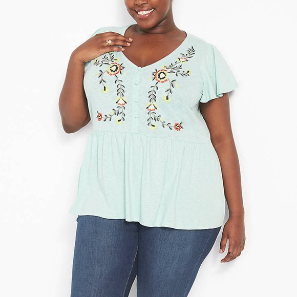 3X Plus Size 22/24 Lane Bryant Swing Flutter-Sleeve Embroidered Babydoll Top - Picture 1 of 3